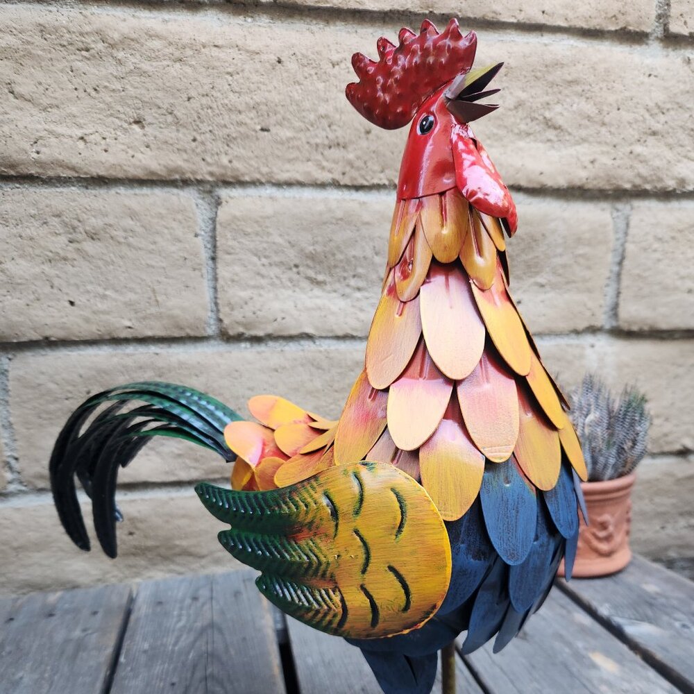 16" H, Colorful Embossed Feather Metal Rooster Statue
